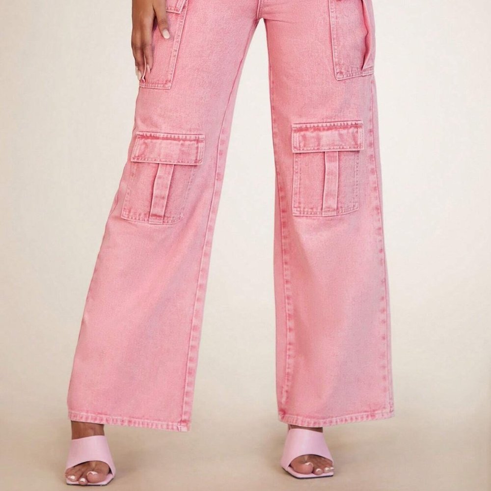 Pink Preppy Womens Flap Pocket Cargo Jeans - Picture 3 of 5